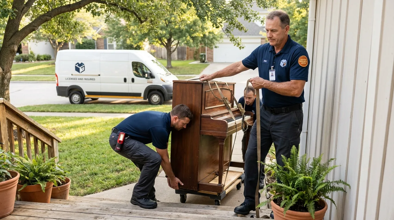 Licensed piano movers securing grand piano in Middletown, CA