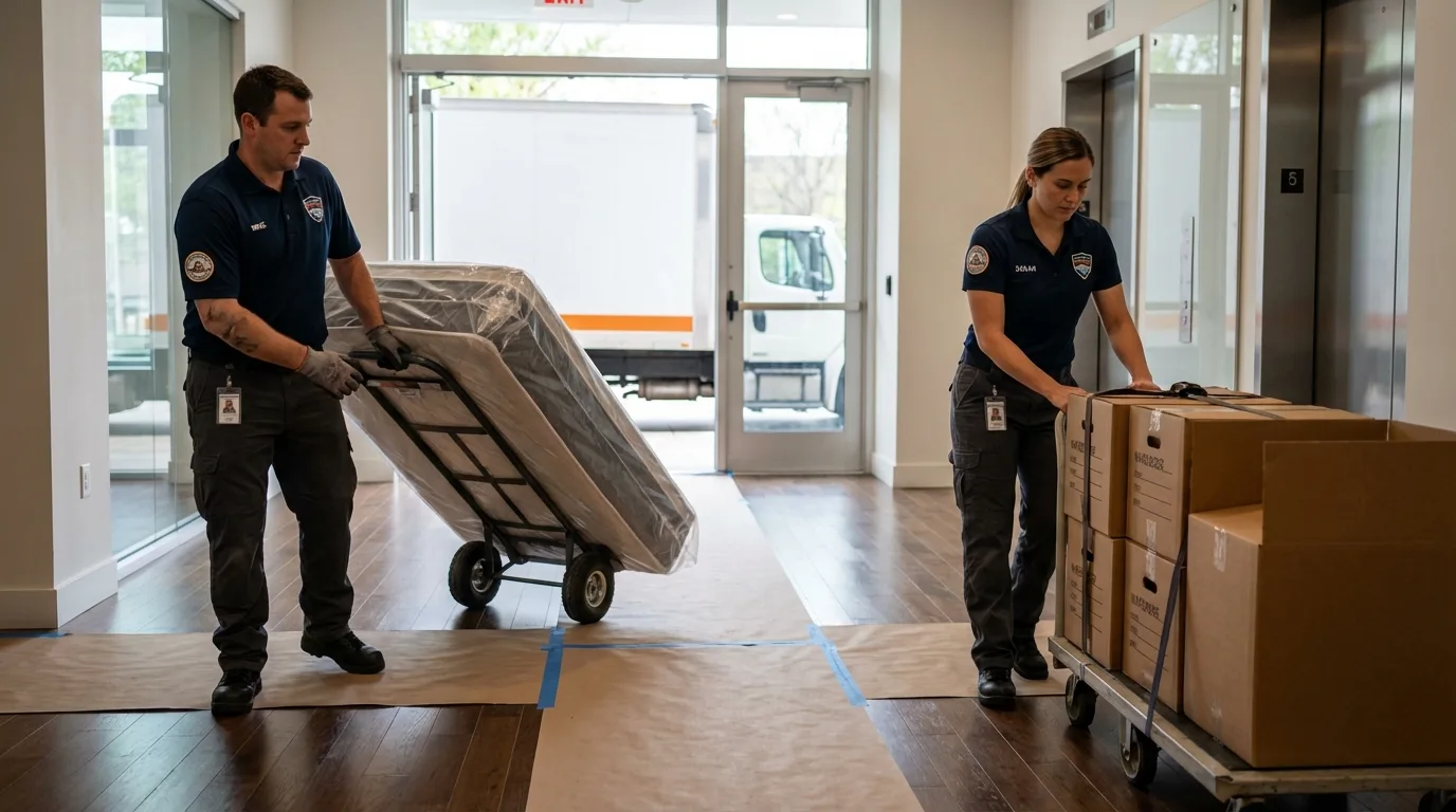 Professional apartment movers loading elevator in Middletown, CA